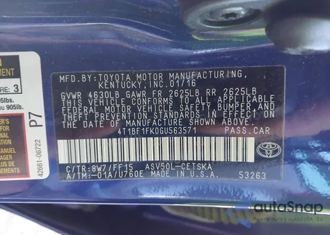 2016 Toyota Camry Se from USA, damaged, VIN 4T1BF1FK0GU563571